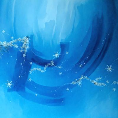 The primary subject of the image is a blue and white painting of a snowflake. The setting is a blue background, and the visual style appears to be a digital art or illustration. The dominant colors are blue and white, creating a calm and serene atmosphere.